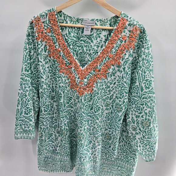 Catherines White Green Orange Embroidery Cotton V-Neck Short Sleeved Top 4x - Picture 1 of 13